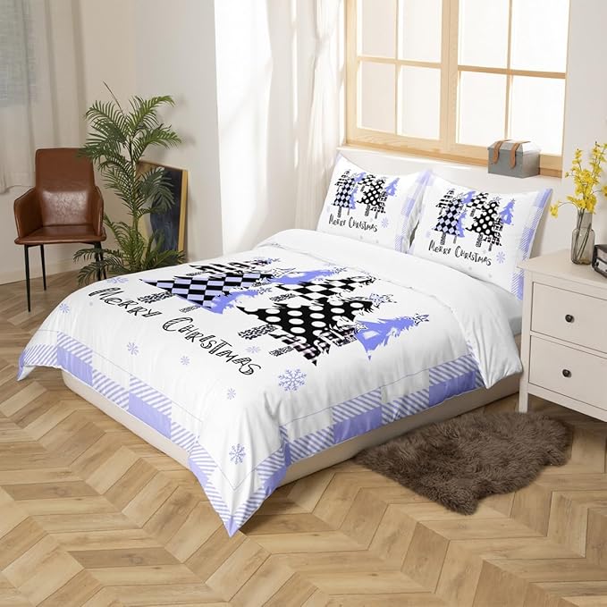 Manfei Xmas Trees Duvet Cover Set Queen Size, Blue Plaid Grid Snowflake Bedding Set for Kids Girls Room Decor, Christmas Theme Comforter Cover New Year Quilt Cover with 2 Pillowcases, No Comforter