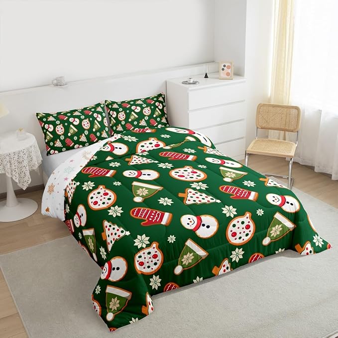 Feelyou Merry Christmas Comforter Set Queen Size Snowman Bedding Set for Kids Boys Girls Gloves Cookies Duvet Quilt Snowflake Bedroom Decor Microfiber 3 Pcs with 2 Pillow Cases