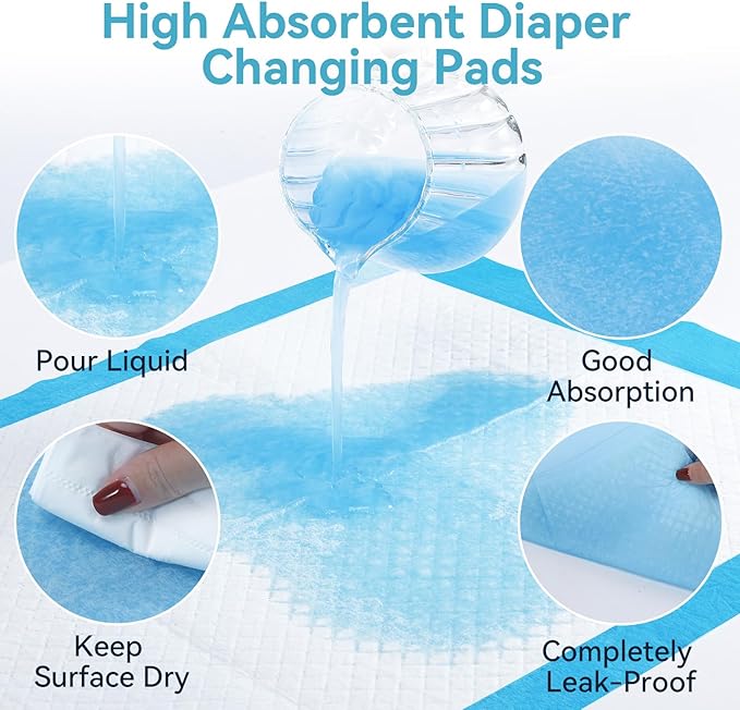 100 Pack Disposable Changing Pad, Super Absorbent Disposable Underpads, Waterproof Leak Proof Diaper Changing Pads, Breathable Incontinence Pad for Adult Child Baby Pets, 13X18 Inch, Blue