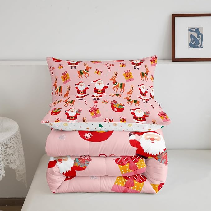 Feelyou Christmas Bedding Set for Kids Boys Girls Twin Size Santa Claus Comforter Set Ultra Soft Xmas Deer Elk Decor Comforter Duvet Quilt Bedroom Decor Christmas Decor Quilt