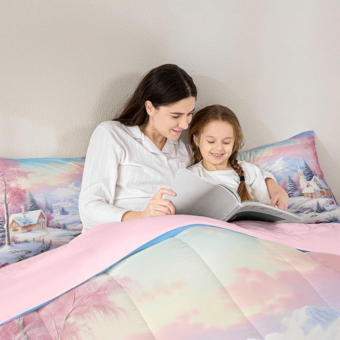 Feelyou Merry Christmas Kids Comforter Set Toddler Size Village Barn Bedding Set Winter Snowscape Duvet Quilt for Kids Boys Girls Bedroom Pine Tree Decor Microfiber Ultra Soft Breathable
