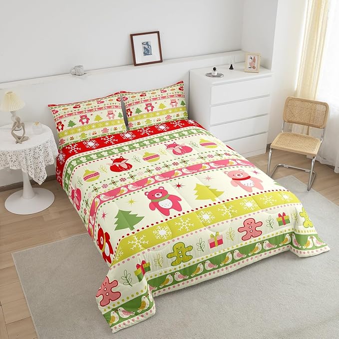 Erosebridal Merry Christmas Comforter Set Kids Toddler Size Xmas Tree Decor Quilts Snowflake Bedding Set Cute Colourful Bear Duvet Insert with 1 Pillow Case