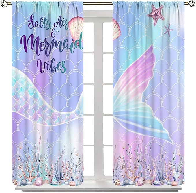Fantasy Mermaid Curtain Colorful Rainbow Fish Tail Ocean Theme Beautiful Kids Window Treatment for Girls Bedroom Nursery Room Decor Rod Pocket Window Drapes 42x45in