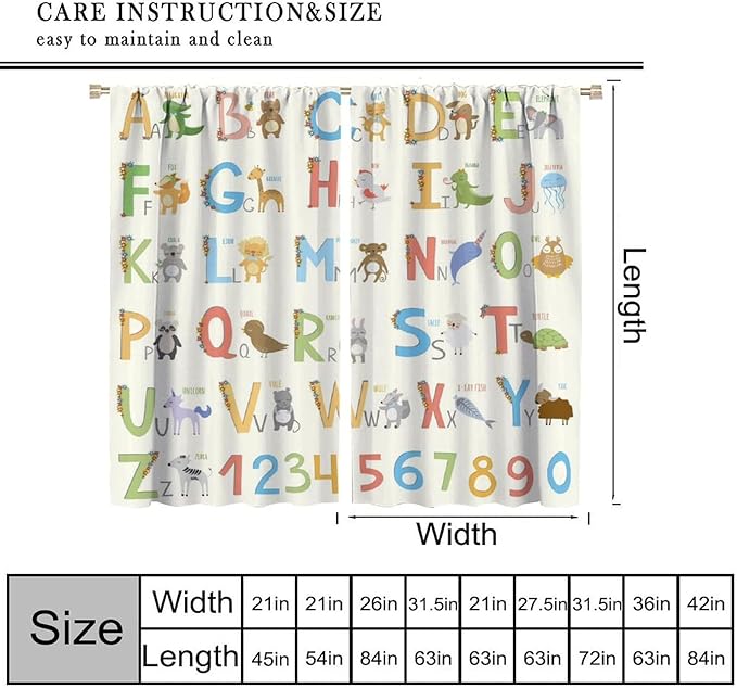 Kids Alphabet Curtains Funny Letter Education Cute Cartoon Animal Printed Curtain with Rod Pocket for Bedroom Living Room Home Decor Drapes Window Treatments 2 Panels Set 42" W X 63" L