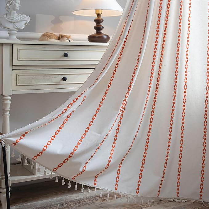 Deeprove Rust Orange Boho Curtains 63 inches Length for Living Room Bedroom Nursery, Vintage Chic Bohemian 63 inches Long Embroidery Farmhouse Tassel Privacy Window Treatments W52 x L63, 1 Panel