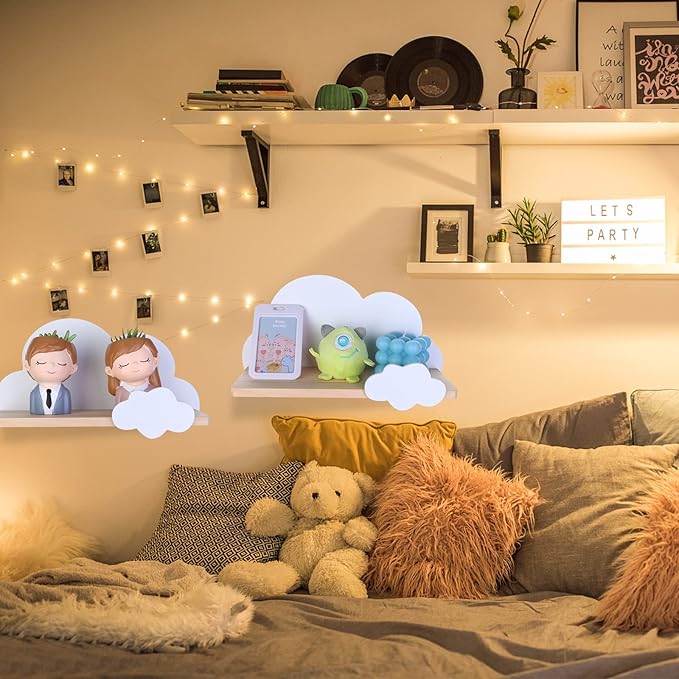 2Pcs Cloud Shelves for Children's Nursery Or Bedroom, Kids Nursery Room Shelves, Floating Bedroom Baby Book Shelf Storage Shelf, Cloud Floating Wooden Shelf Wall Decoration, White