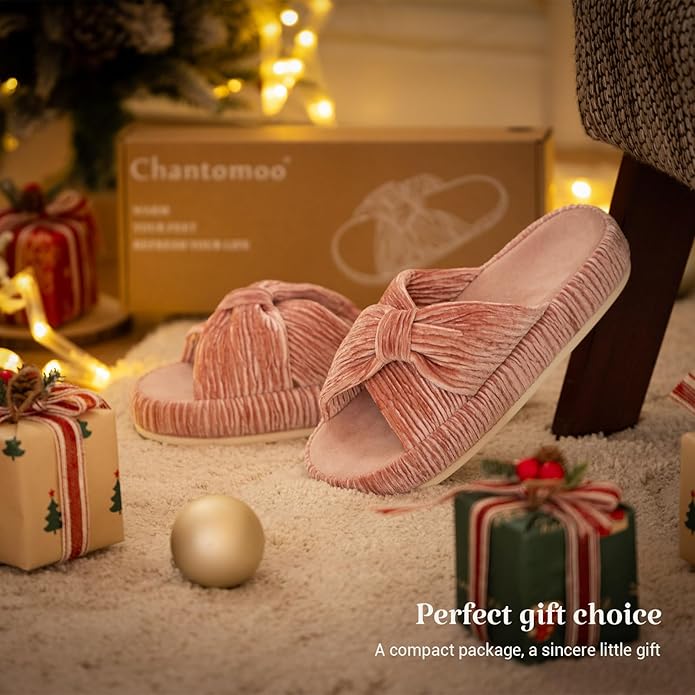 Chantomoo Slippers for Women Memory Foam House Bedroom Corduroy Bow Crossbands Slipper Shoes Comfy Trendy Gift Slippers