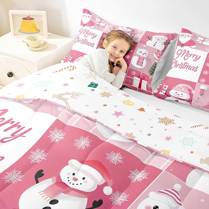 Xmas Bedding Set Full Size,Snowman Christmas Tree Snowflake Comforter Set for Kids Boys Girls Room Decor,Pink Plaid Patchwork Duvet Insert 3Pcs,Merry Christmas Cartoon Quilt Set,2 Pillowcases