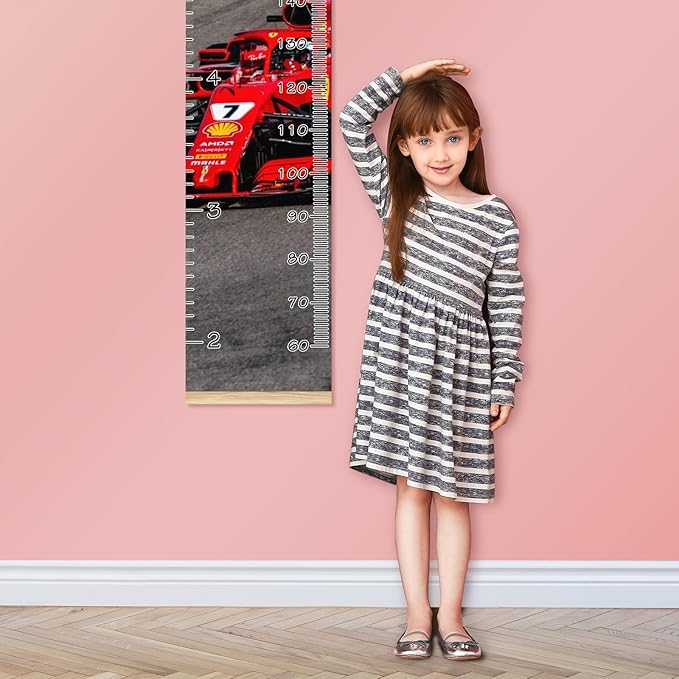 Personalized Kids Name Growth Chart Ruler for Wall Wood Frame Height Measure Chart 13.4x56 in Linen Hanging Height Growth Chart Race Car Kids Room Decor