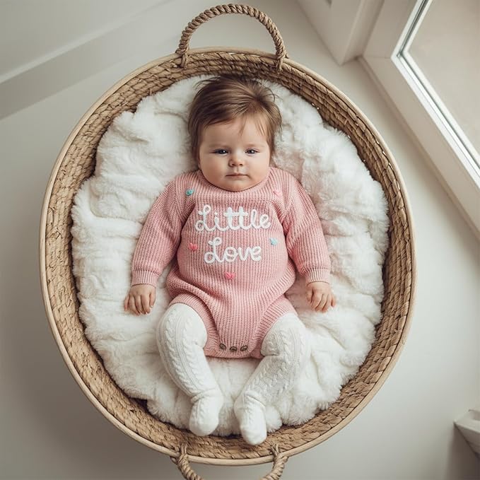 Lesimsam Newborn Baby Boy Girl Valentines Day Outfit Oversized Embroidery Long Sleeve Knit Sweater Bubble Romper Bodysuit