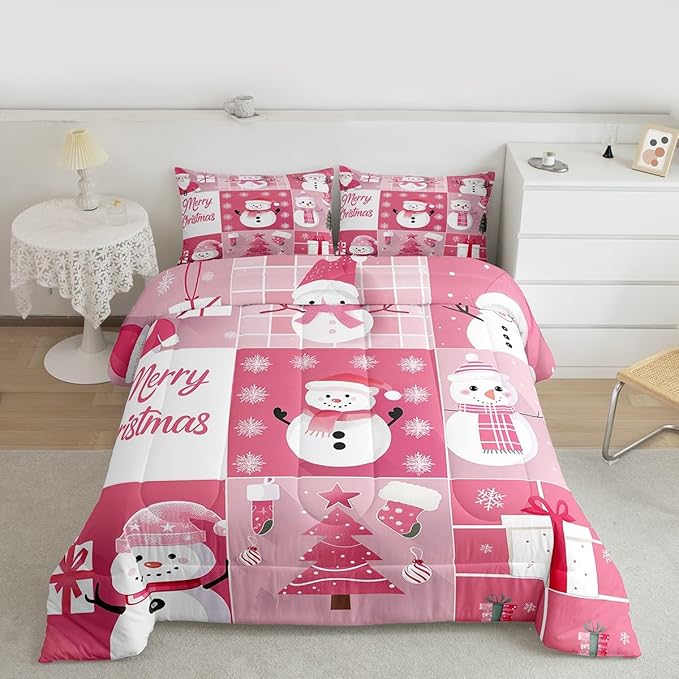 Xmas Comforter Set King Size,Snowman Christmas Tree Snowflake Duvet Insert for Kids Boys Girls Room Decor,Pink Plaid Patchwork Bedding Set 3Pcs,Merry Christmas Cartoon Quilt Set,2 Pillowcases