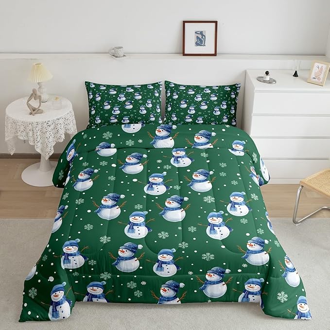 jejeloiu Kids Cute Winter Snowman Comforter Set Full Size Green Christmas Theme Bedding Set for Boys Girls Teens Xmas Snowflake Happy New Year Duvet Quilt Room Decor