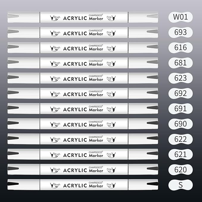 Grey Tones Acrylic Paint Pens, 12 Colors Markers Set with Soft Brush & Bullet Tip, for Rock, Painting, Wood, Glass, Ceramic, Canvas, Stone, DIY Crafts, Making Art Supplies, Fabric Paint