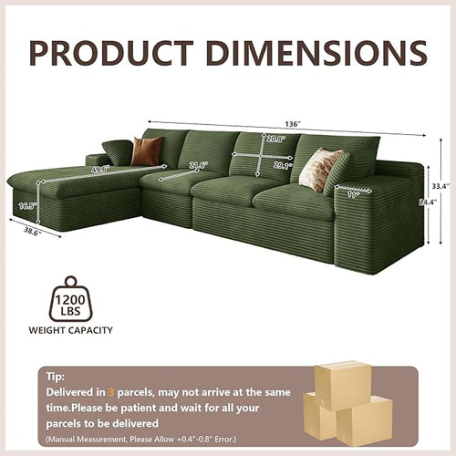 136 Inch Cloud Sectional Couch, Modern Modular Sectional Sofa with Deep Seat, Corduroy Boneless Couches with L-Shape Chaise for Living Room Bedroom, No Assembly Required (Green, Left Facing Chaise)