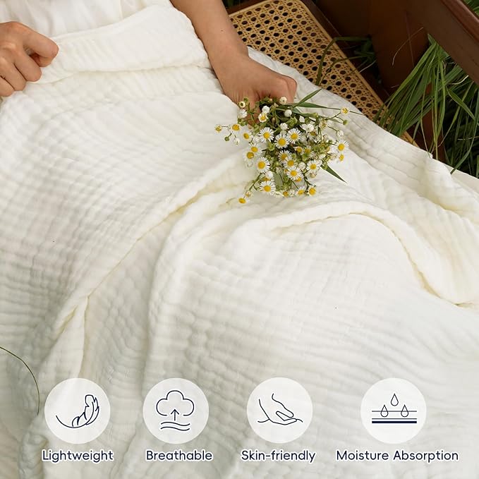 PHF Cooling Muslin Blanket Twin Size 60"x80", 6-Layer Lightweight Gauze Blanket Made from 35% Rayon Derived from Bamboo & 65% Cotton, Breathable & Ultra Soft Cozy, Aesthetic Home Decor, Snow White