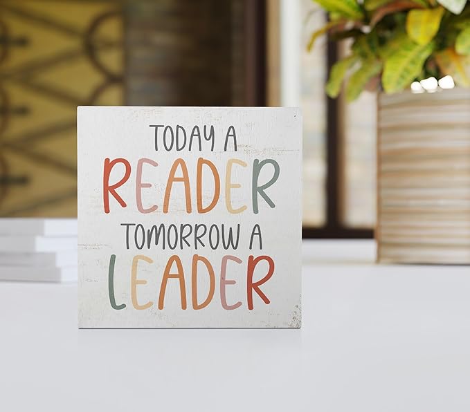 Nursery Today a Reader Tomorrow a Leader Wood Box Sign Desk Decor,Boho Reading Wooden Block Sign Decorations for Home Classroom Reading Nook Reading Room Wall Tabletop Shelf Decor