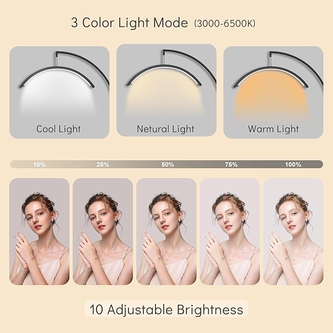 Lash Light 23 inch Floor Lamp for Eyelash Extensions Standing LED Half Moon Lights for Nail Art, Tattoos, Skincare with Adjustable Brightness & Height & Movable Tray & Phone Holder.
