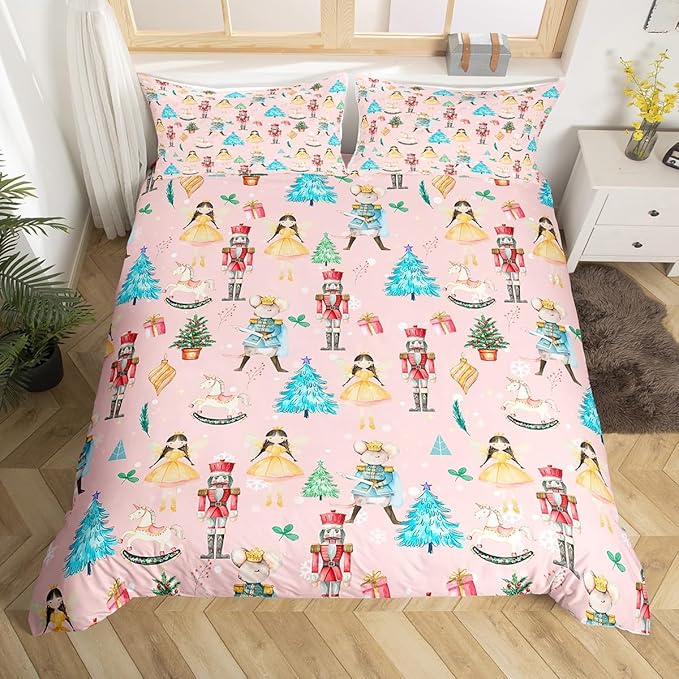 Christmas Nutcracker Decorative Comforter Cover Toddler Size Cartoon Mouse Soldier Royal Guarder Princess Duvet Cover Xmas Pine Tree Snowflake Bedding Set Gifts for Kids Boys Girls 1 Pillow Case Pink