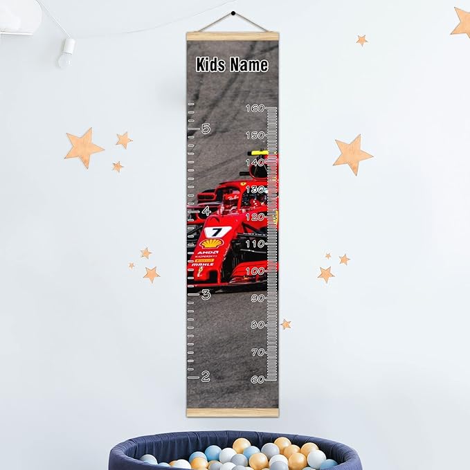 Personalized Kids Name Growth Chart Ruler for Wall Wood Frame Height Measure Chart 13.4x56 in Linen Hanging Height Growth Chart Race Car Kids Room Decor