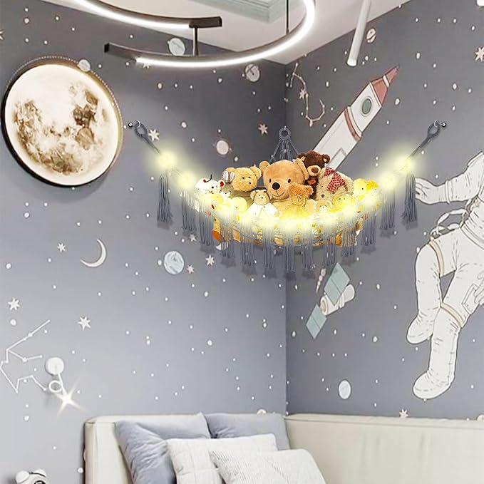 Stuffed Animal Hammock with LED Light, Large Stuffed Animals Storage Corner Plushie Net for Kids Room Decor, Jumbo Grey
