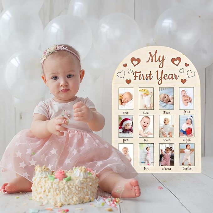 Photo Frame My First Year Photo Display Board, 17x12 INCH - Fits 2 x 3 Inch Photo, Baby's One Year Picture Frame 12 Months Milestone Board Nursery Decor Gift for Boy Girl（Heart