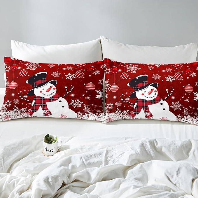 Manfei Snowman Duvet Cover Set Full Size, Snowflake Balloon Xmas Decor Comforter Cover with 2 Pillowcases, Christmas Red Bedding Set 3pcs for Kids Boy Girls Lightweight Bedspread Cover,No Comforter