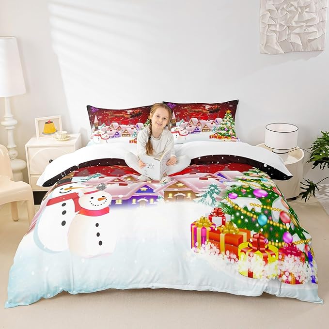 Manfei Christmas Duvet Cover Set Twin Size, Snowman Xmas Tree Bedding Set for Kids Boys Girls, Santa Claus with Reindeer Comforter Cover New Year Theme Quilt Cover with 1 Pillowcase, No Comforter