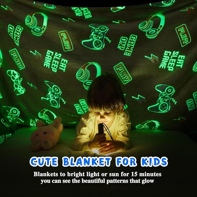 inhand Glow in The Dark Blanket Gaming Gifts for Boys Controller Kids Throw Gamer Blanket Gamer Toys for Kids Boys Game Gamepad Presents Birthday Easter Halloween Grey 40"x60"