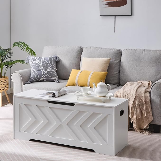 47.2” Storage Bench,Extra Large Wooden Storage Chest with 2 Safety Hinges,entryway Bench,Blanket Storage,Shoe Storage Bench for Entryway,Bedroom,Living Room,Easy Assembly-White