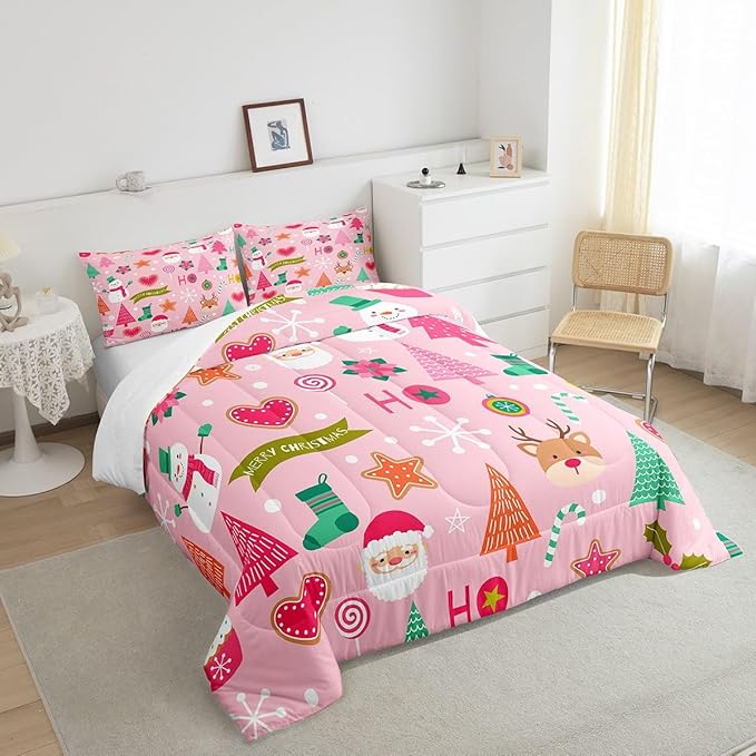 Merry Christmas Kids Comforter Set Full Size,Cute Santa Claus Snowman Deer Bedding Set,Boys Girls Adults Room Decor,Snowflake Christmas Trees Down Comforter,Pink Xmas Duvet Insert,2 Pillowcases