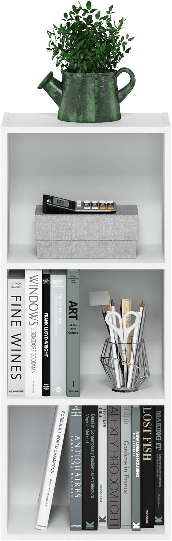 Furinno LUDER Book Shelf, 3-Cube Bookshelf, Bookcase with Open Shelves, 9.3 x 12 x 31.5, for Living Room, Bedroom, Home Office, White