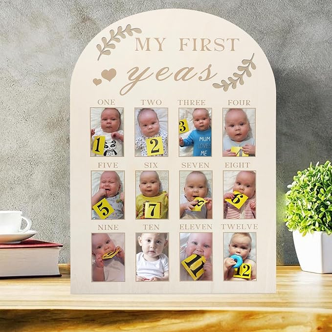 First Year Picture Frame Wooden Milestone Photo Board for Nursery Decoration Space-Saving Growth Tracker with Multiple Photo Slots Sturdy Wood Material for Newborn Memories