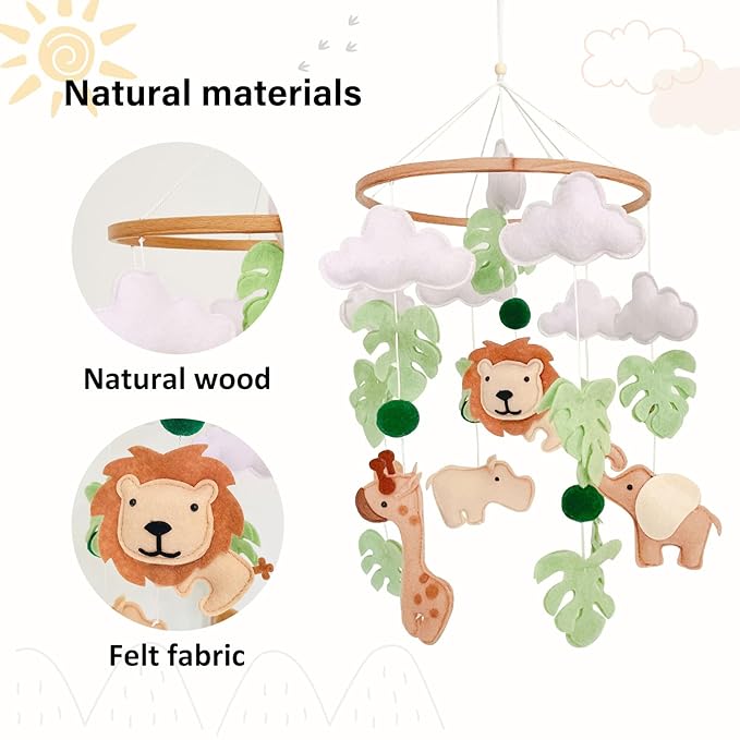 Safari Baby Mobile, Jungle Mobile for Crib, Crib Mobile for Boys and Girls, Nursery Mobile for Bassinet, Pack and Play,Lion Elephant Giraffe Hippopotamus Mobile