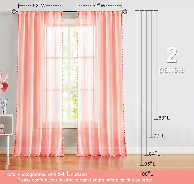 Treatmentex Pompom Sheer Curtains Blush Pink Window Draperies for Bedroom Rod Pocket Curtain Panels for Canopy Nursery Room 52" w x 2pc