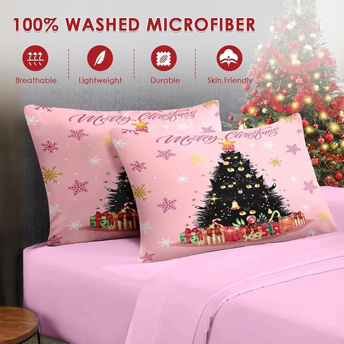7 Pcs Full Size Christmas Comforter Set with 2 Pillowcases & 2 Shams, Black Cat Xmas Trees Bedding for Kids and Adults, Pink Snowflakes Bed in a Bag with Flat Fitted Sheet