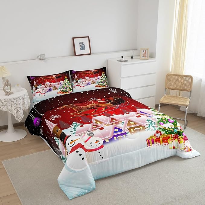 Manfei Christmas Comforter Set Full Size, Snowman Xmas Tree Bedding Set 3pcs for Kids Boys Girls Room Decor, Santa Claus with Reindeer Quilt Set New Year Theme Duvet Set with 2 Pillowcases