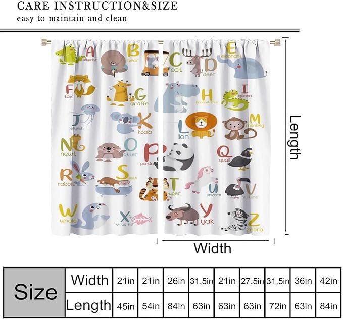 Kids Alphabet Curtains Funny Cartoon Educational Learning Cute Animal Zebra Curtain with Rod Pocket for Bedroom Living Room Decor Drapes Window Treatments 2 Panels Set 63" W X 63" L