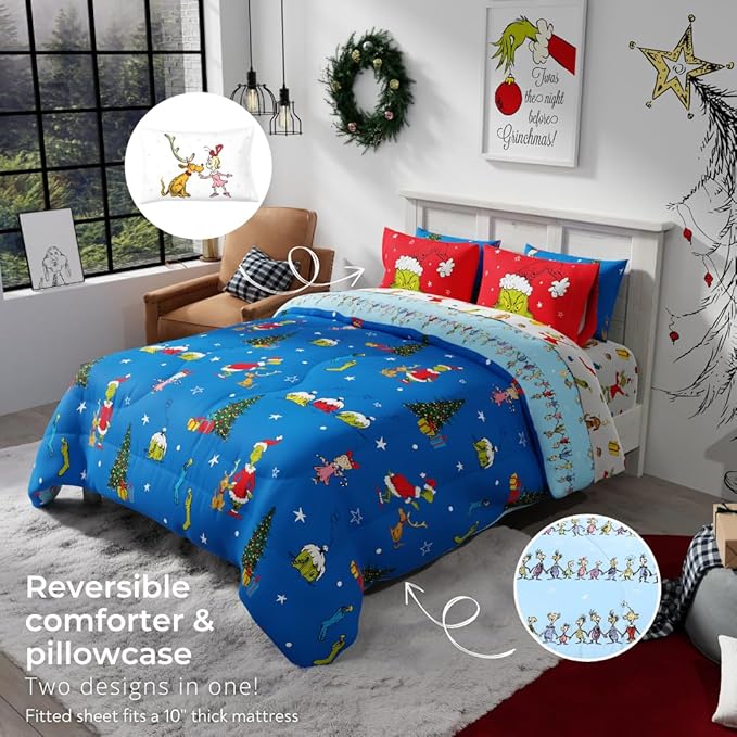 Grinch by Dr. Seuss Holiday & Christmas Bedding Super Soft Comforter and Sheet Set with Sham, 7 Piece Full Size (Official Dr. Seuss Product) by Franco