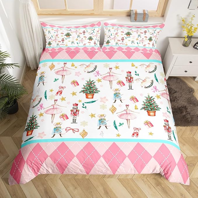 Feelyou Nutcracker Christmas Pink Comforter Cover Twin Size Xmas Royal Guarder Ballet Princess Duvet Cover New Year Pink Buffalo Plaid Bedding Set Gifts for Kids Boys Girls 1 Pillow Case