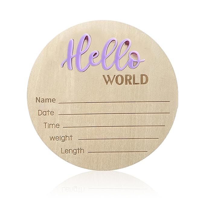 Baby Announcement Sign, 5.9 Inch Wooden Hello World Newborn Signs, Birth Announcement Sign, Baby Shower Hospital Nursery for Newborn Boys and Girls… (Purple)