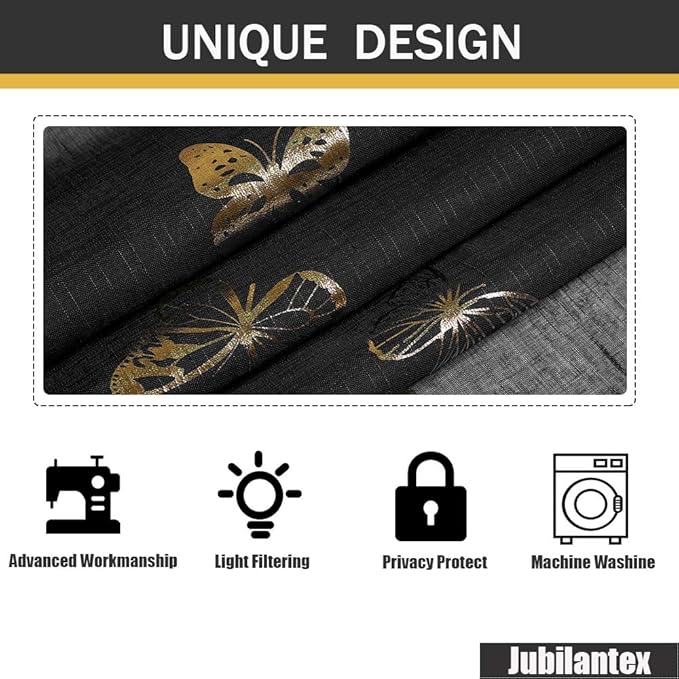 Jubilantex Black and Gold Butterfly Sheer Curtain Panels for Boys Girls Room, Linen Textured Metallic Print Patterned Voile Rod Pocket Curtain Drapes 95 Inch Long for Bedroom, 2 Panels