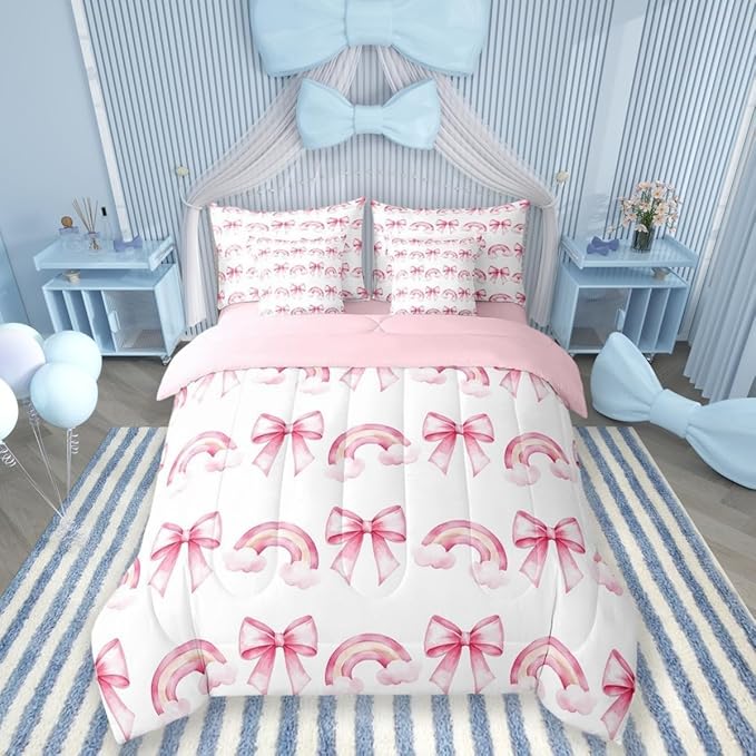 Manfei 7 Pieces Pink Bowknot Princess Comforter King,Rainbow Cloud Bow Tie Toddler Bedding Set,Bow Princess Tale Style Cartoon Dreamy（Comforter+Fitted+Flat Sheet+2 Pillowcases+2 Throw Pillow Covers）