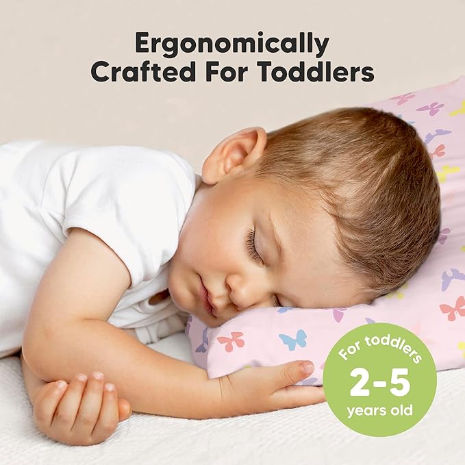 KeaBabies Toddler Pillow with Pillowcase, Jumbo 14X20 - Soft Organic Cotton Toddler Pillows for Sleeping - Machine Washable - Perfect for Travel, Toddler Bed Set (Flutter)