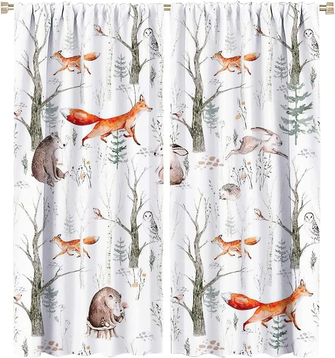 Rustic Forest Window Curtains, Watercolor Woodland Animals Owl Hedgehog Fox Butterfly Forest Squirrel and Bear Blackout Windows Door Curtain for Bedroom Living Room Home Decor 42x54in