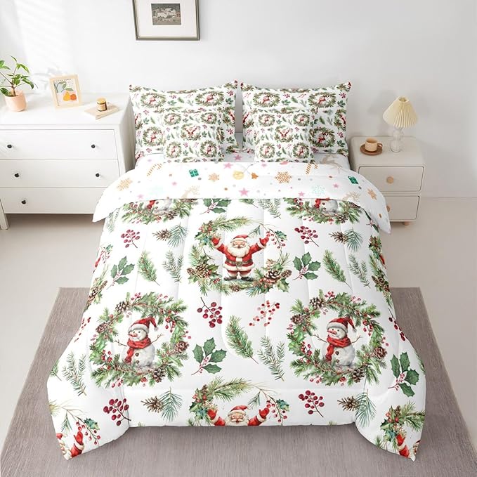 Erosebridal Cartoon Santa Claus King Comforter Set with Sheets 7 Piece Cute Xmas Snowman Bed in A Bag Winter Red Berry Pine Branches Leaf Bedding Sets for Teenager New Year Holiday Wreath Bed Set