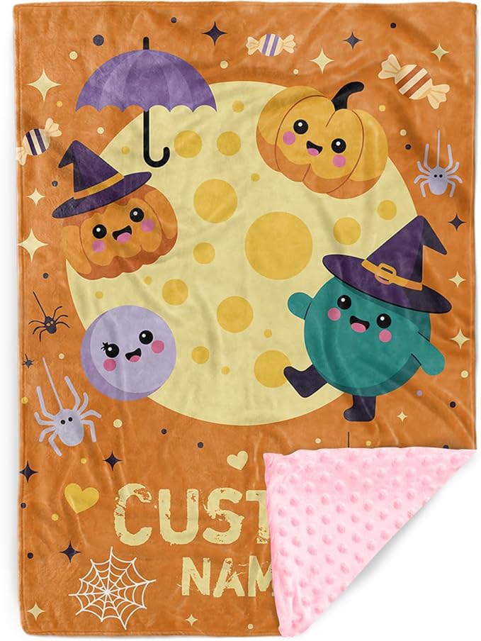 Personalized Halloween Blanket for Baby Boys Girls, Custom Baby Blanket with Name, Pumpkin Pattern Soft Minky Dot Blanket, Halloween Decor Christmas Birthday Gifts for Kids Toddlers