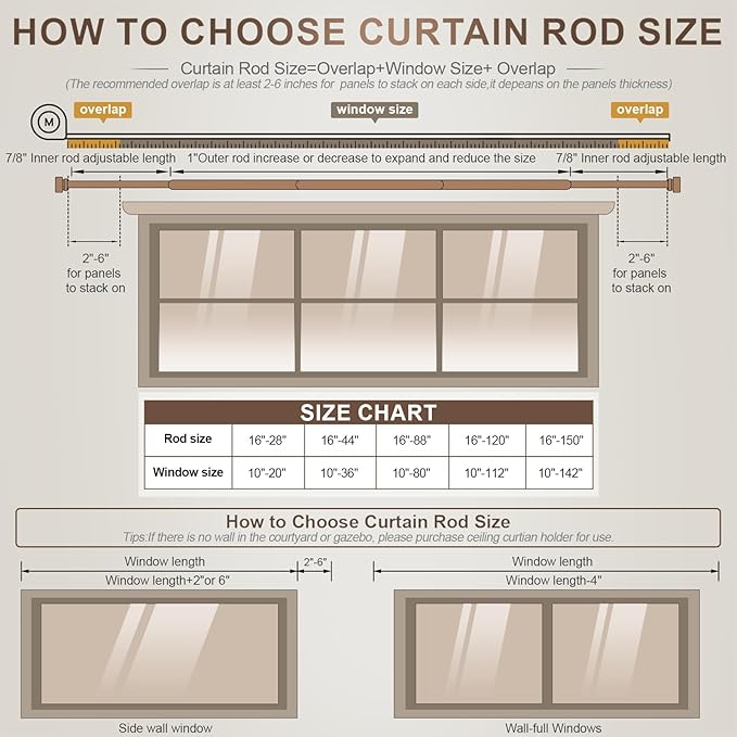 Modern Brown Curtain Rods for Windows 72 to 144 Inches Adjustable Length Heavy Duty 1" Diameter Window Curtain Rod with Decorative Finials for Outdoor Farmhouse Bedroom Kitchen Living Room