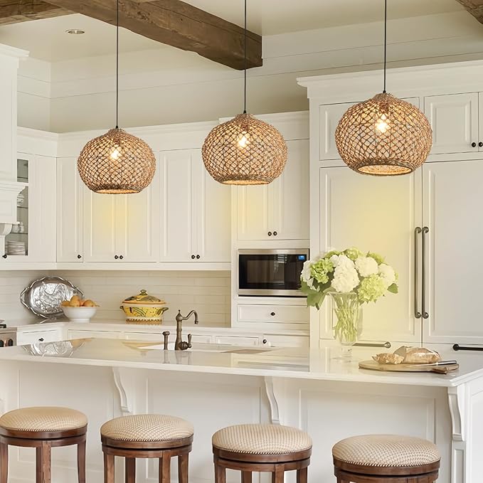 Rattan Pendant Light Fixture,13.77" Hand-Woven Water Plants Rattan Chandelier Boho Wicker Coastal Retro Ceiling Chandelier Lighting, Kitchen Island Farmhouse Dining Room Entryway Foyer1-Light