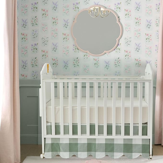 Brandream Scallop Edge Cotton Crib Skirt Toddler Bedskirt Baby Nursery Crib Bed Skirt Boho Bohemian Neutral Solid Color Sage Green Buffalo Plaid Gingham Farmhouse Chic Bedding Skirt