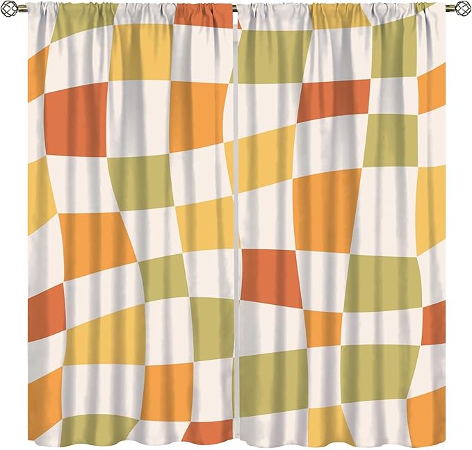 Orange Checkered Curtains,70s Vintage Twisted Checkered Window Drapes Colorful Groovy Trendy Wavy Hippie Grid Print Window Treatments for Kids Girls Bedroom Living Room Bathroom 42"W X 45"L